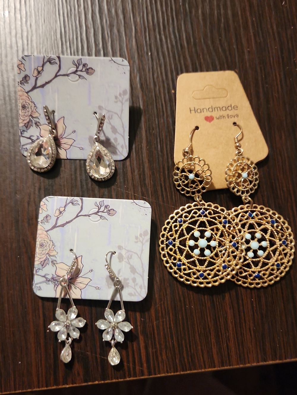Handmade Gold Filigree Drop Earrings with Blue and White Accents